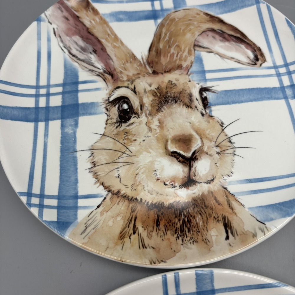 HENRY BUNNY Set of 3 Salad Plates 8.75" Pier 1 Imports Blue Plaid Easter Spring - Picture 4 of 8